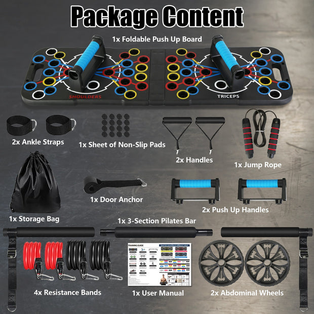 Multifunctional Push Up Board Home Strength Training Equipment With 15 Fitness Accessories Pilates Bar Resistance Band Roller Wheel Full Body Workout Home Gym Equipment